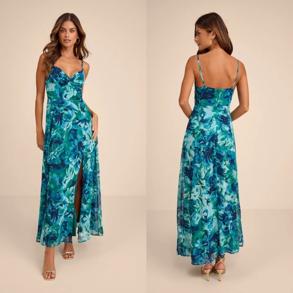 Lulus Dresses & Skirts - Lulus Beautiful Soul Teal Green Floral Print Twist-Front Maxi Dress M Wedding